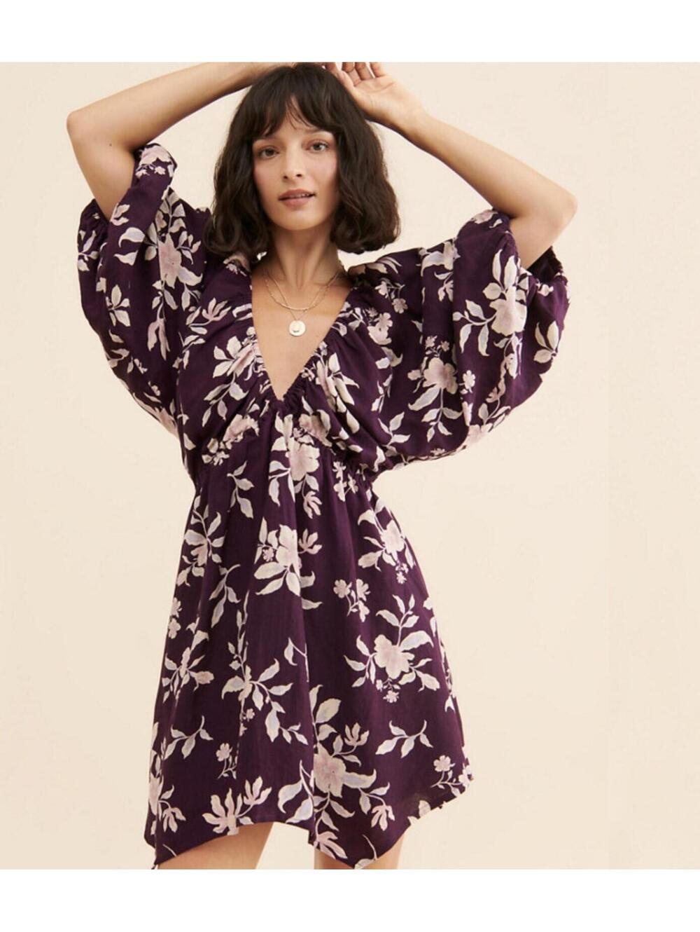 Free People Portia Purple Floral Printed Mini Dress Small